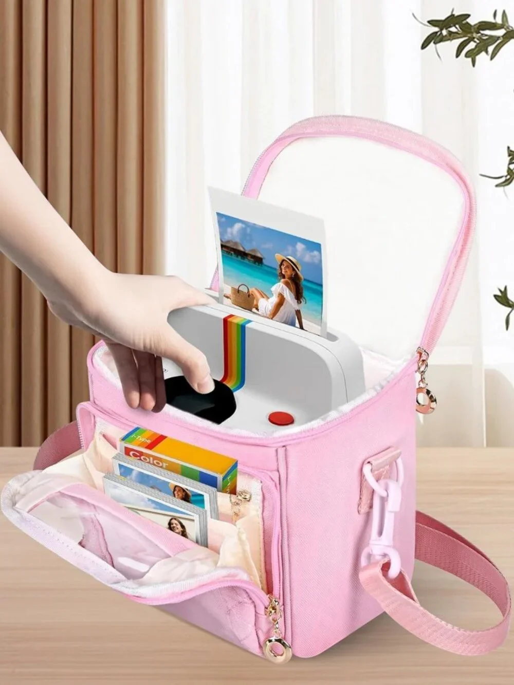 Stylish Pink Crossbody Camera Case for Instant Cameras, Easy Photo Window